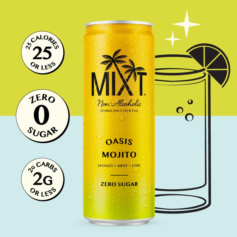 MIXT Premium Sparkling Non-Alcoholic Sparkling Cocktail - Oasis Mojito – Zero Sugar, Ready to Drink, Adaptogens, Nootropics, 2g of carbs or less, Low Calorie, 12oz Cans (Pack of 4)